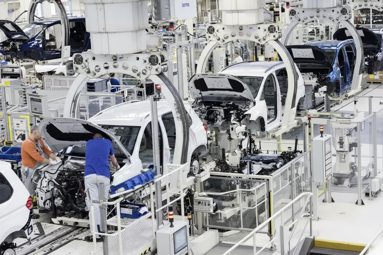 "Automobile assembly line at the Volkswagen México plant, where operators and large robotic arms work together on the assembly of vehicle bodies."