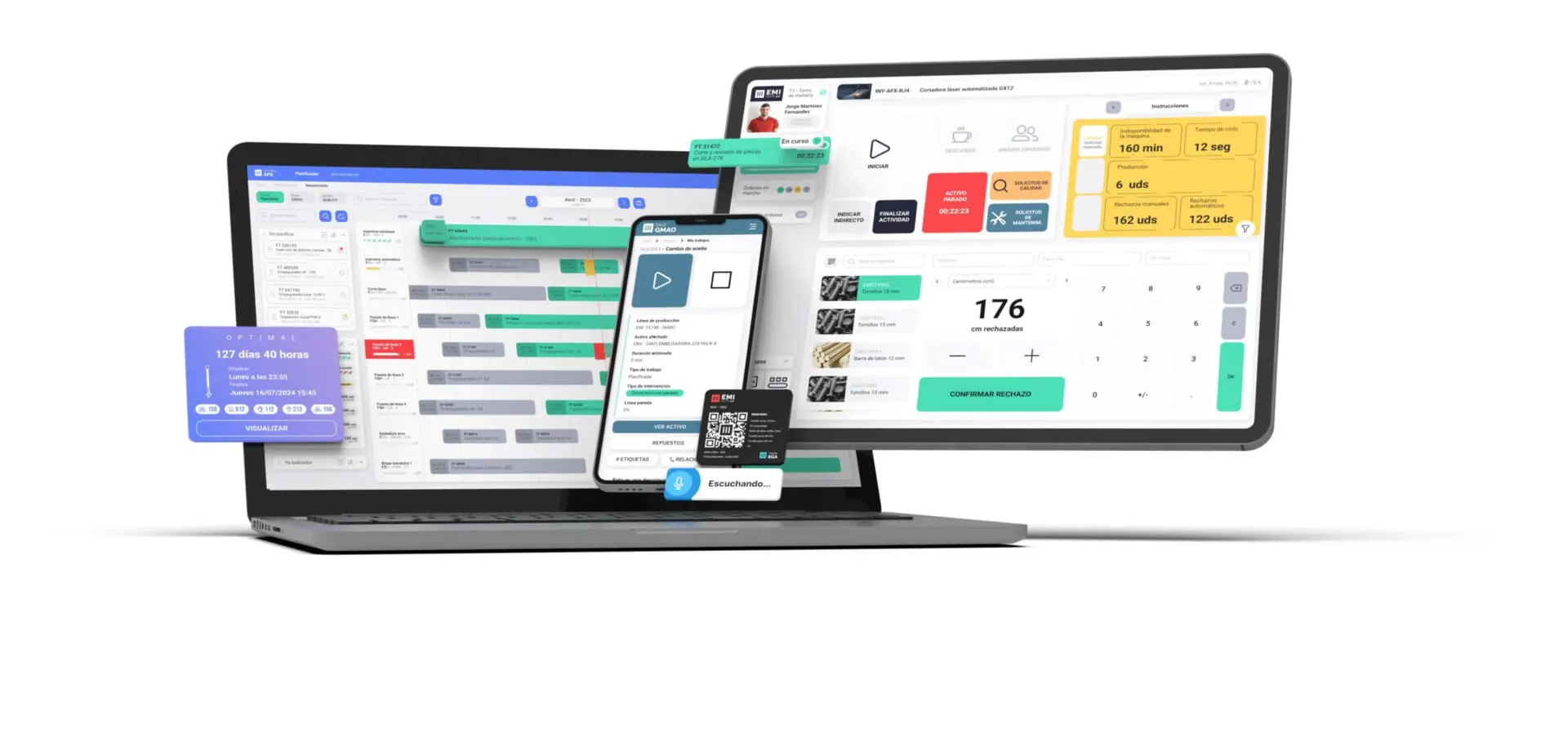 Interfaces del software EMI de Geprom mostrando módulos de planificación, control de producción y mantenimiento en dispositivos móviles y de escritorio