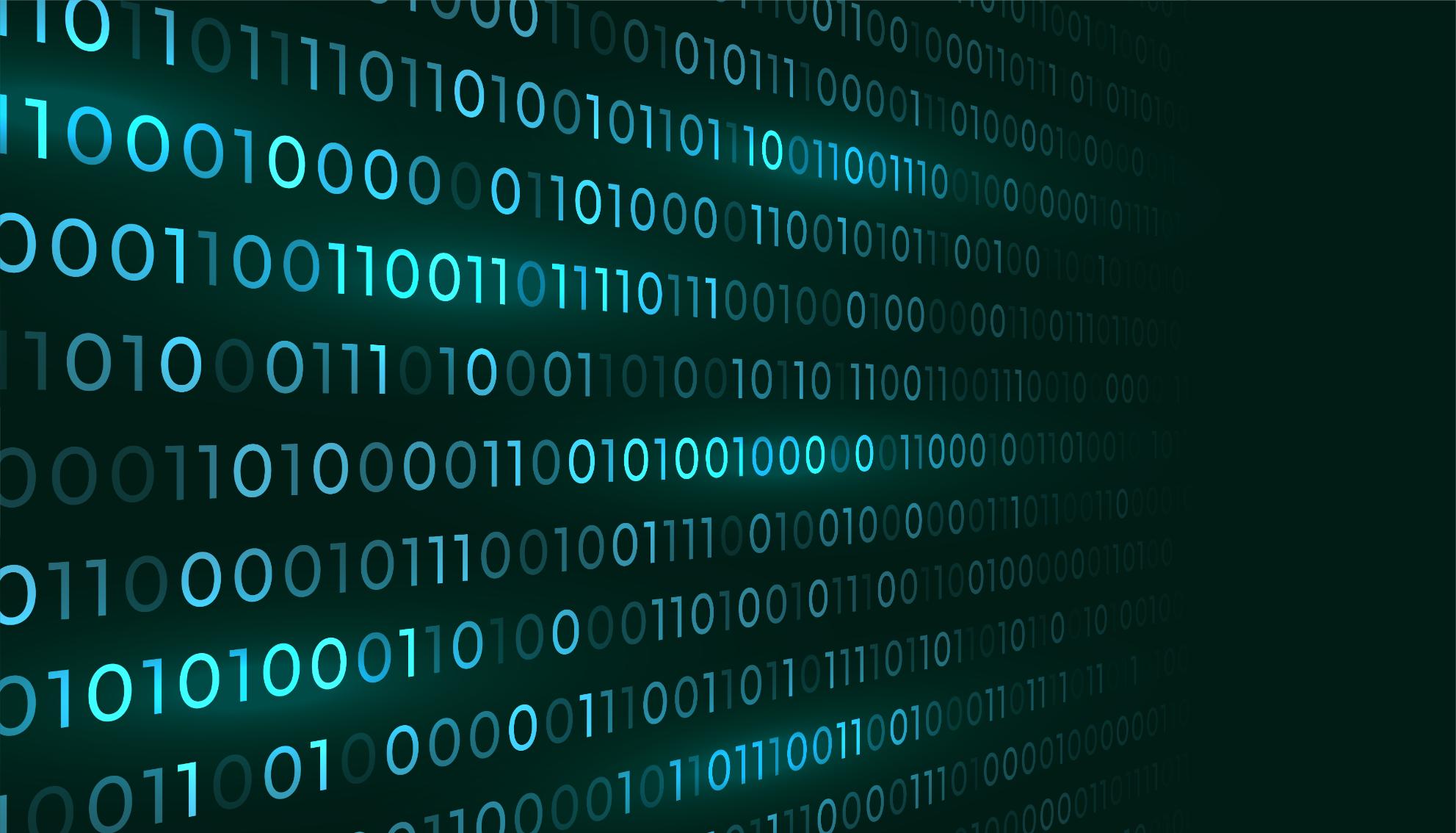 Visualización abstracta de datos binarios que simboliza la interoperabilidad, seguridad y trazabilidad en un Espacio de Datos industrial.