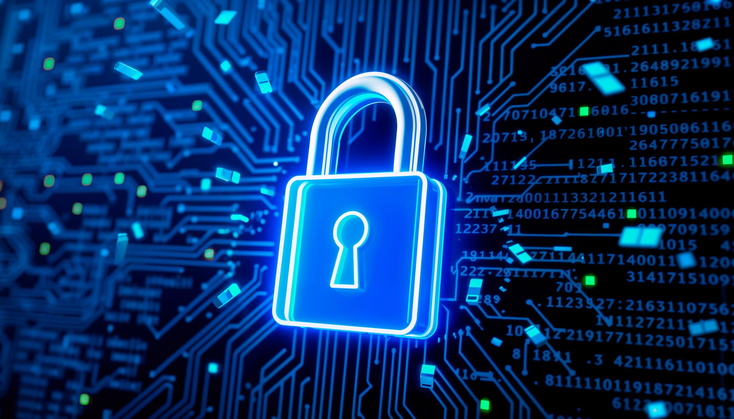 Ciberseguridad industrial representada con un candado digital sobre un entorno de datos y sistemas interconectados