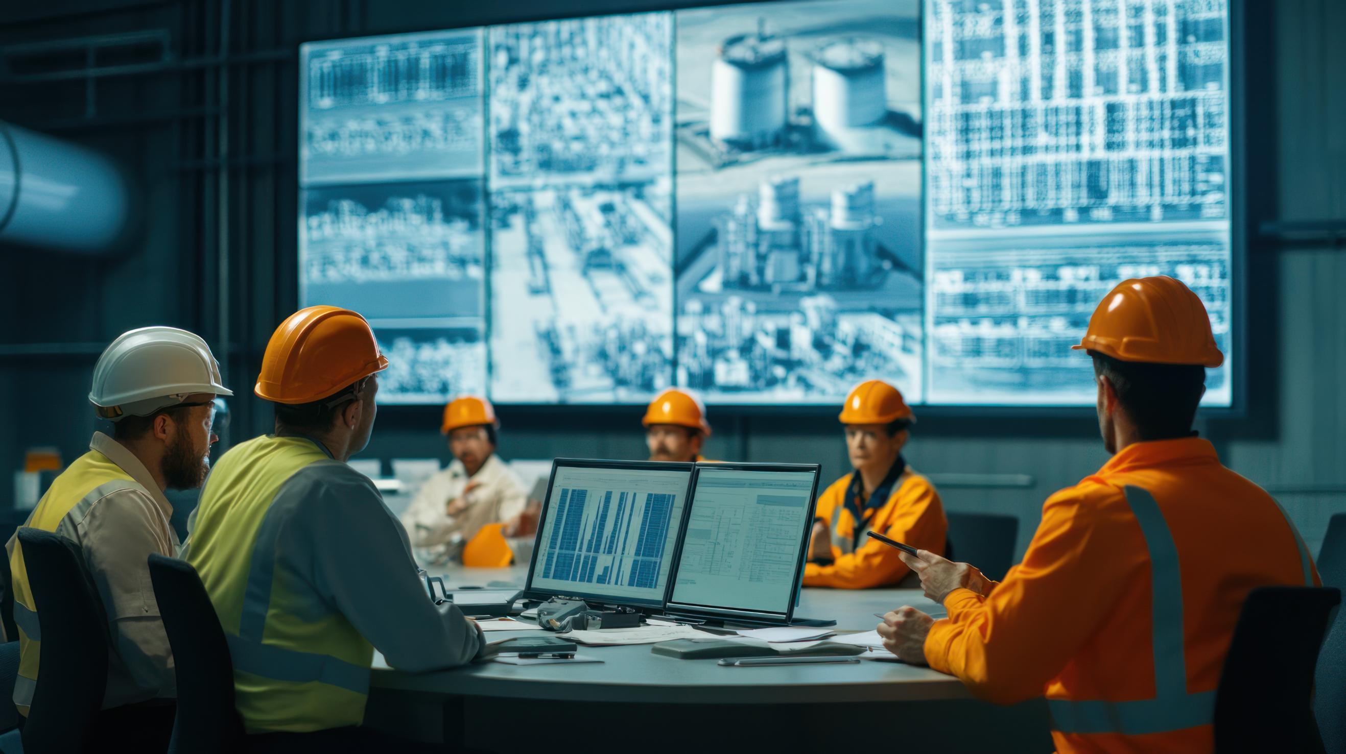 Operario en sala de control industrial supervisando datos energéticos en múltiples pantallas para optimizar consumos y procesos.