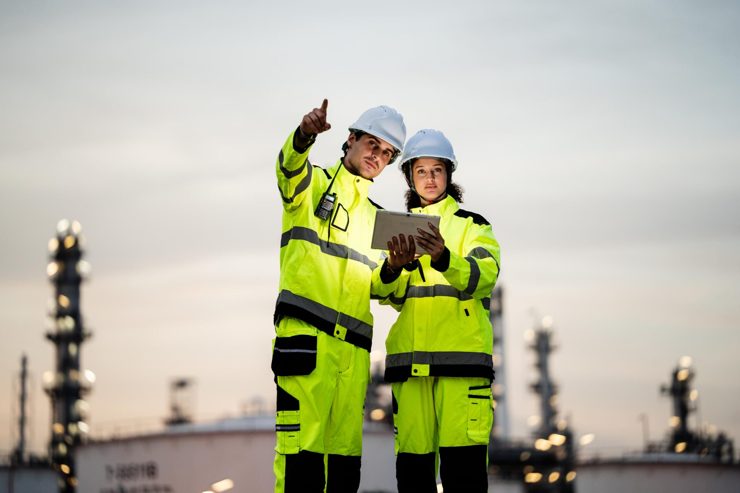 Ingenieros en planta coordinando recursos con tablet para asignar trabajos a equipos internos y subcontratas