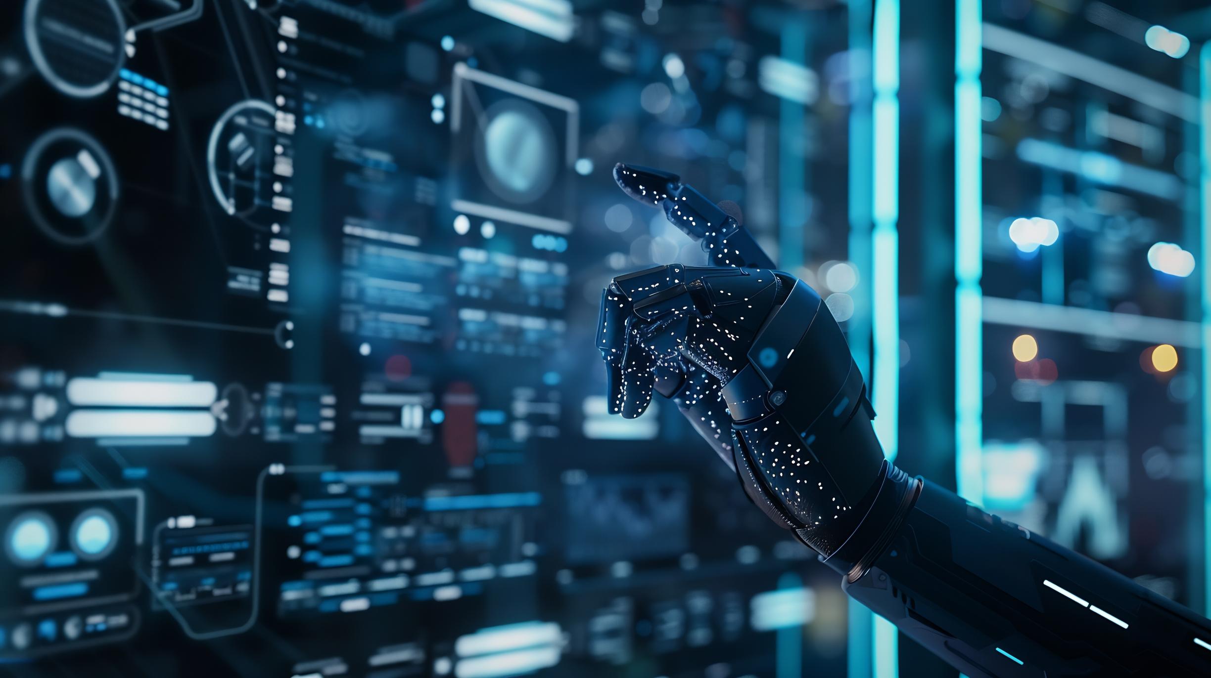 Mano robótica interactuando con panel digital de datos, simbolizando inteligencia artificial y análisis avanzado.