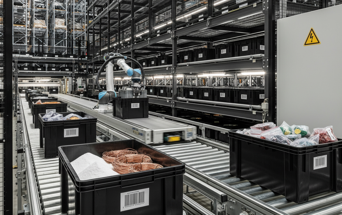 Sistema de almacenamiento automático de materia prima con robot colaborativo y cintas transportadoras en almacén industrial