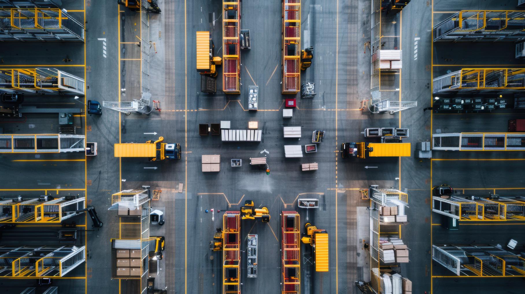 Vista aérea de centro logístico con camiones y mercancías, representando cadena de suministro distribuida.