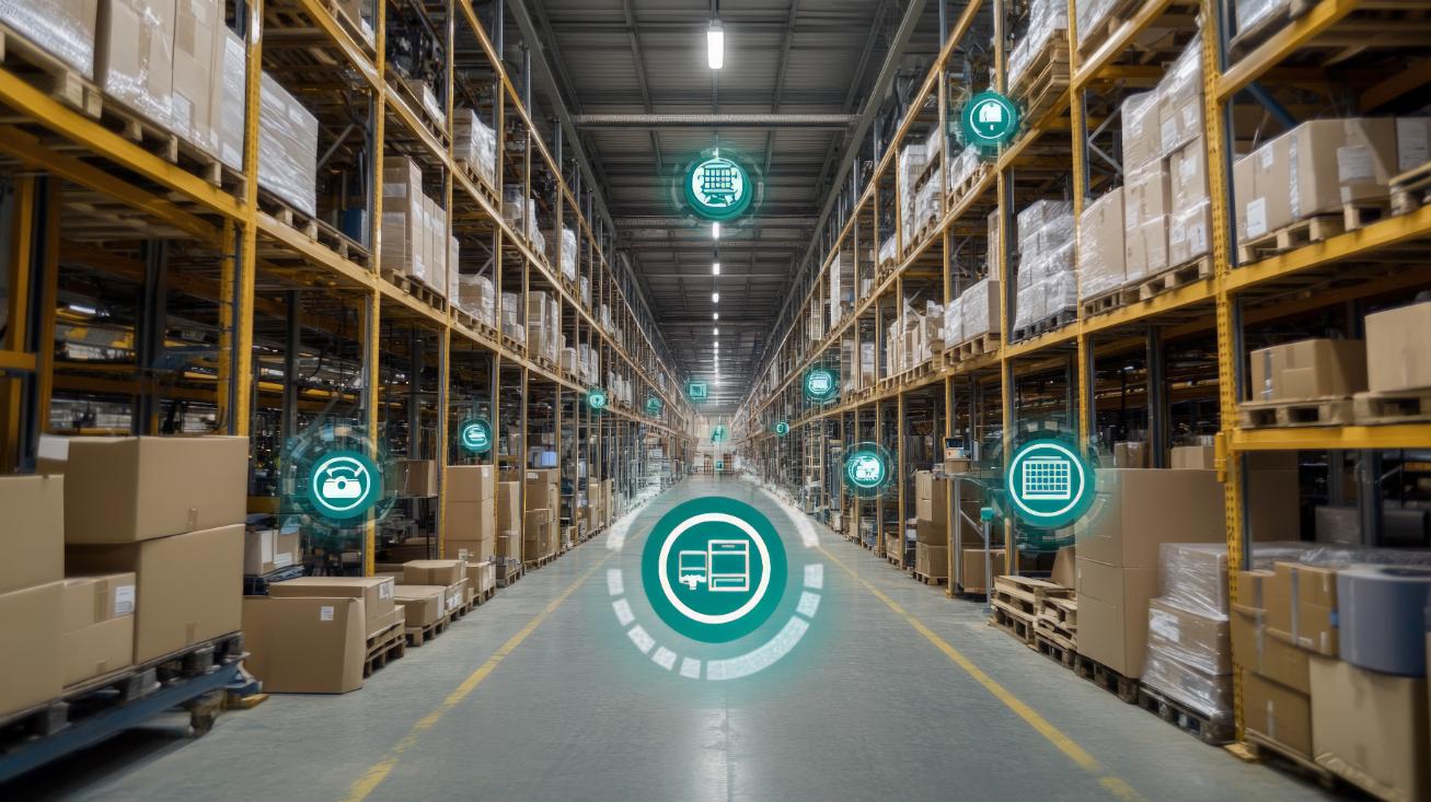 Técnicos de Geprom revisando el sistema de gestión de almacenes (SGA) con un portátil en un entorno logístico industrial