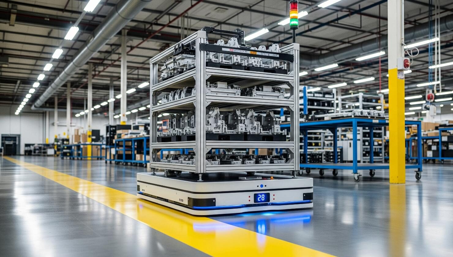 AGV de carga unitaria transportando componentes en una planta industrial automatizada.