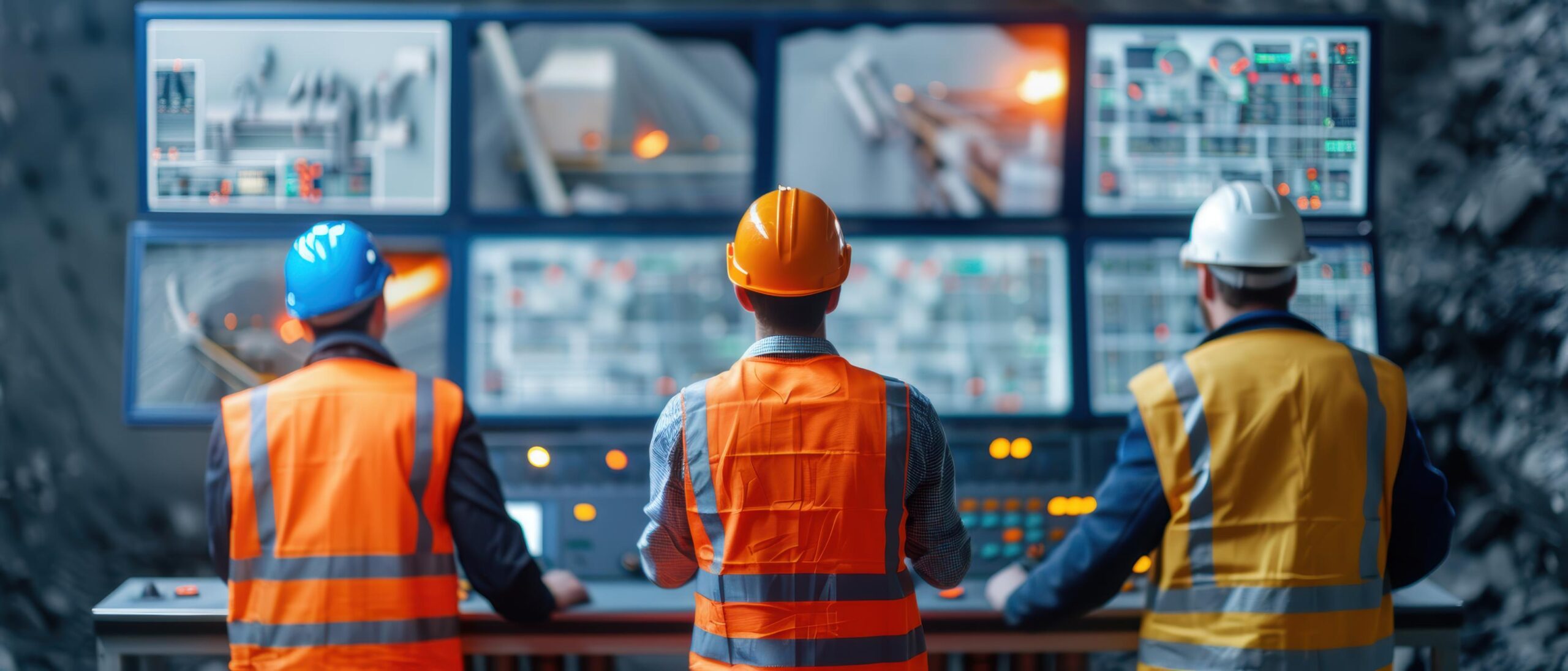 Ingenieros en sala de control supervisando procesos industriales desde una Control Tower digital con múltiples pantallas.