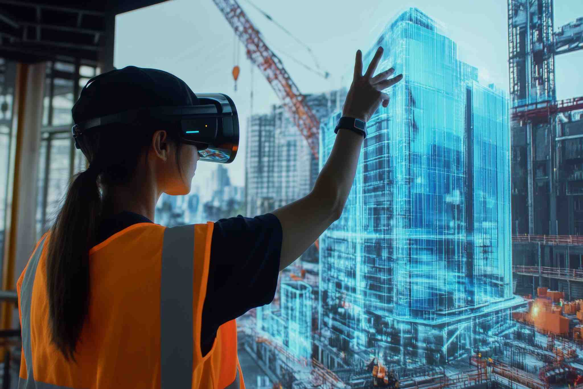 Trabajadora con gafas VR interactuando con un gemelo digital de edificio en entorno de construcción inteligente